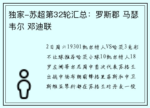 独家-苏超第32轮汇总：罗斯郡 马瑟韦尔 邓迪联