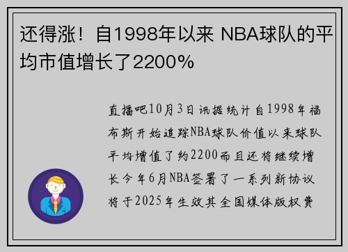 还得涨!自1998年以来 NBA球队的平均市值增长了2200%